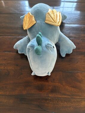 Pillowfort Weighted Light Blue Plush Dragon with Gold Wings and Green Horn